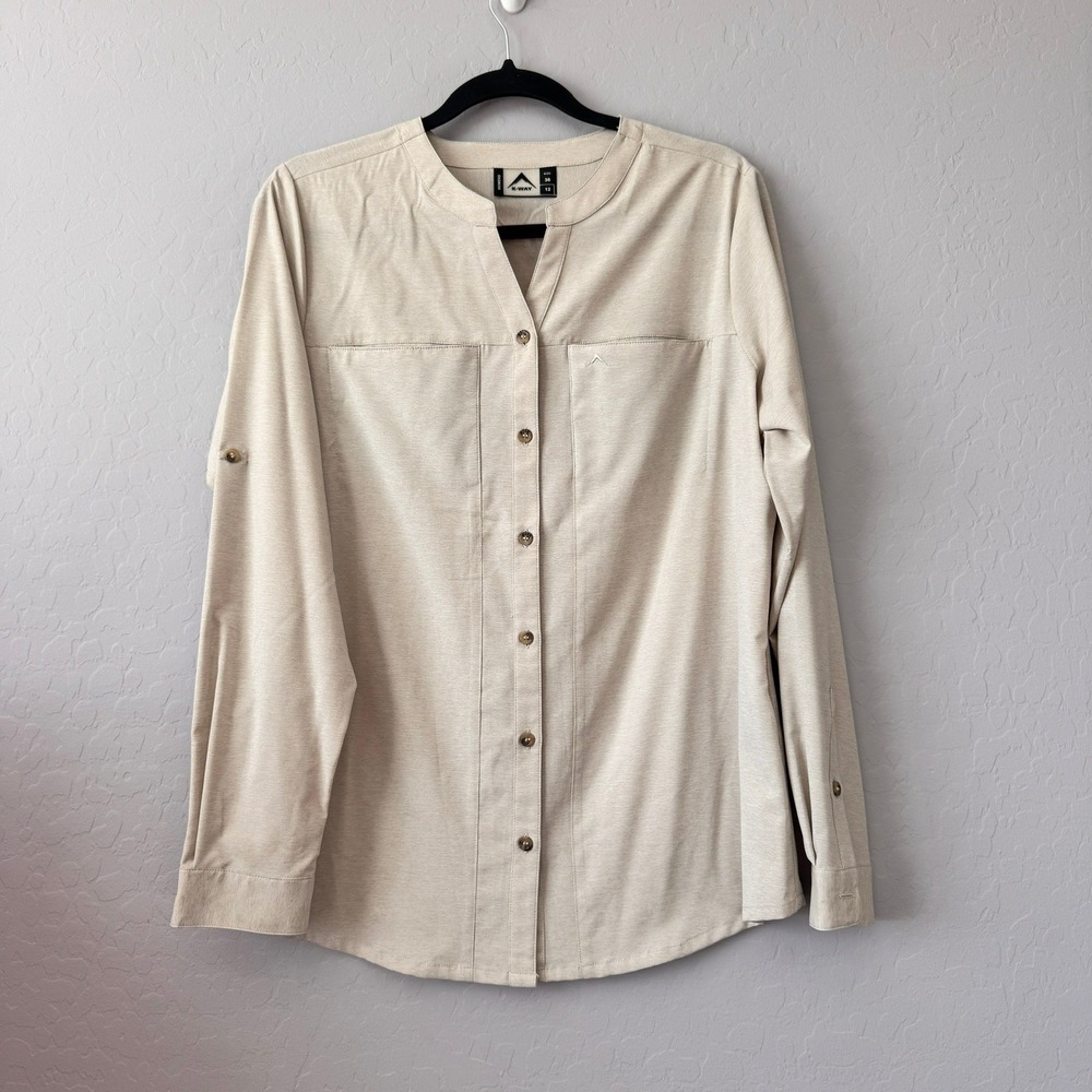 K-Way Size 12 Elim Technical Shirt Oatmeal Long Sleeve Roll Tab Hiking Button Up